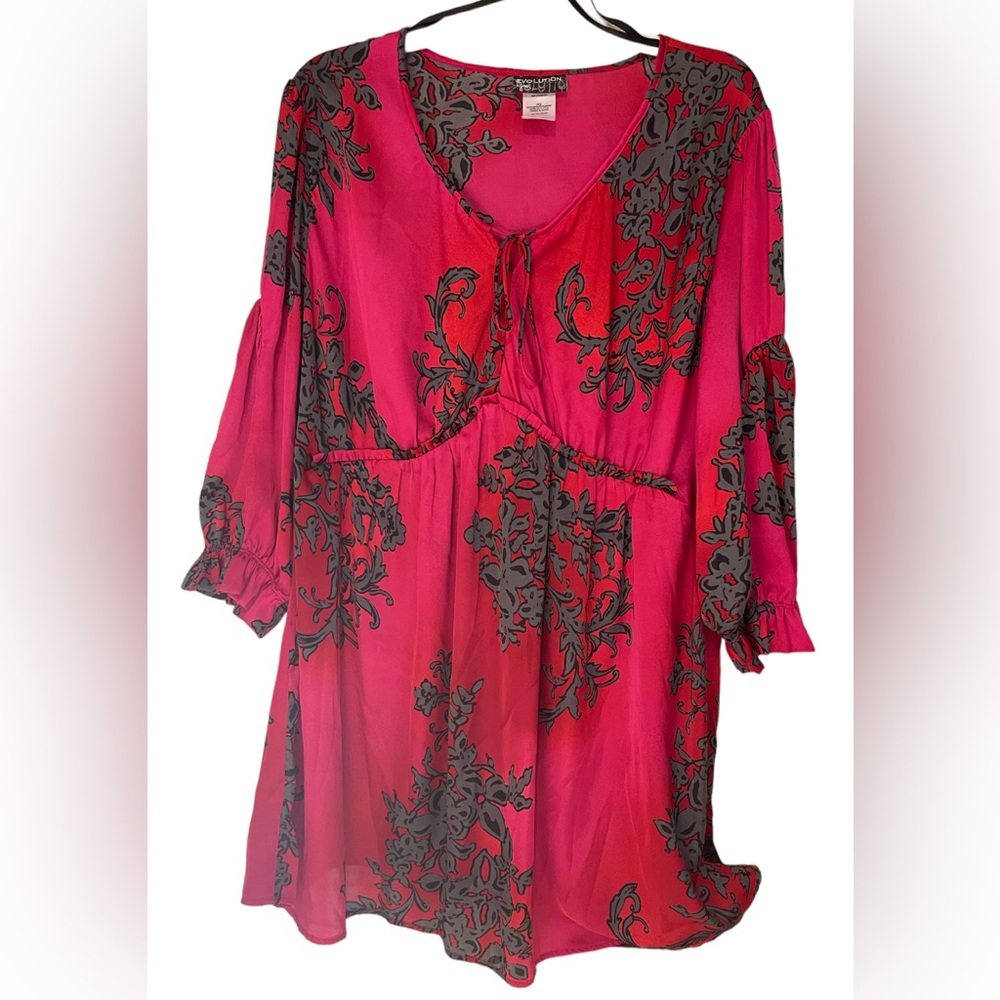 Evolution Pink Magenta Gray Satin Empire 3/4 Sleeve Babydoll blouse size 3X